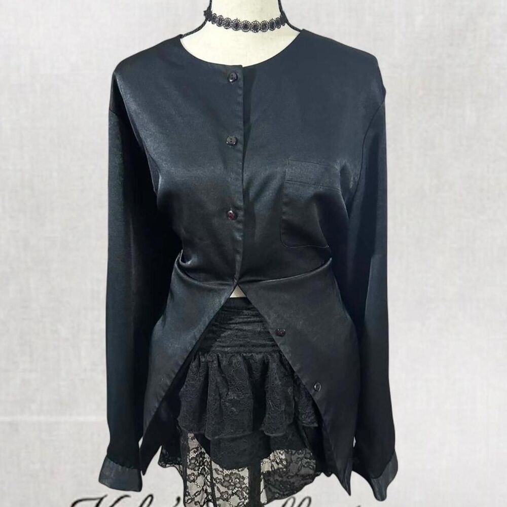 Gothic Style Round High Neck Long Sleeve Button Up Blouse